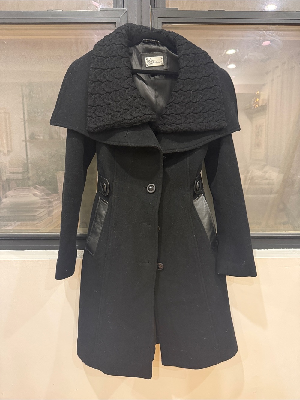 Mackage Black Wool-Blend Trench Coat with Quilted Collar
